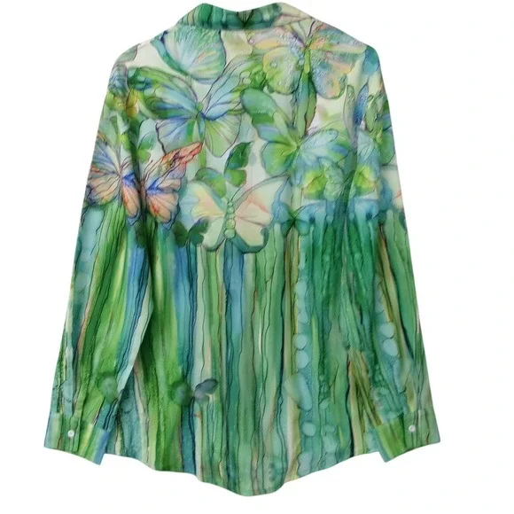 Green Butterfly Print Button Down Shirt Long Sleeve Blouse Nature Art Top Large - Picture 3 of 3
